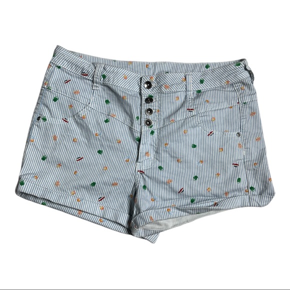 Her Universe Pants - Ponyo Shorts Blue White Stripes Novelty Print High Rise Button Fly Cuffed Hems